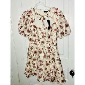 Lulus Major Charmer Ivory Rose Floral Cut Out Puff Sleeve Mini Dress Large